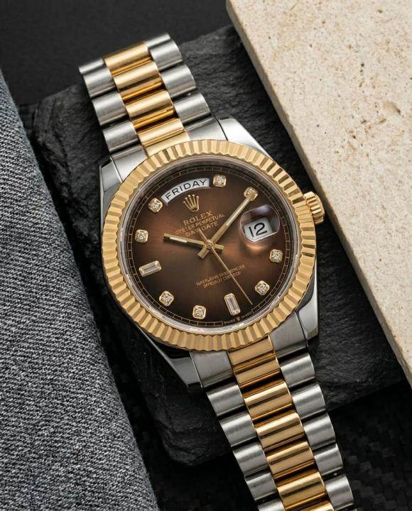 Role_x Oyster Perpetual Day Date Diamond 40 Battery 2Ton-Gold-Brown