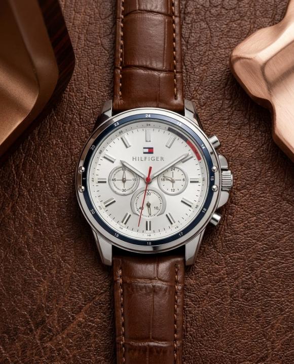 Tom.my_hilfiger Oxford Chronograph leather belt Brown-Silver-White