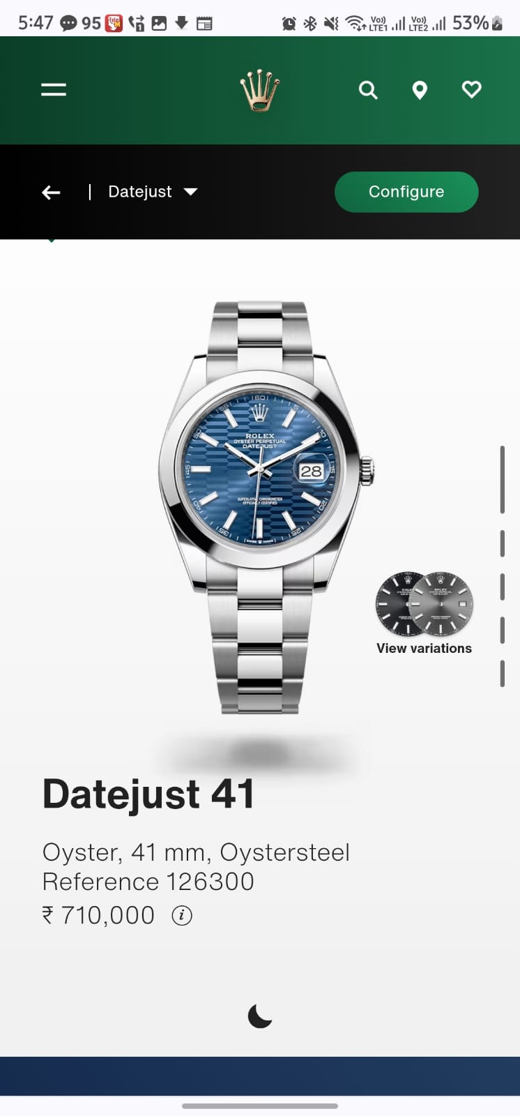 ROL.EX DATE JUST 41mm BLUE 'MOTIF' INDEX DIAL