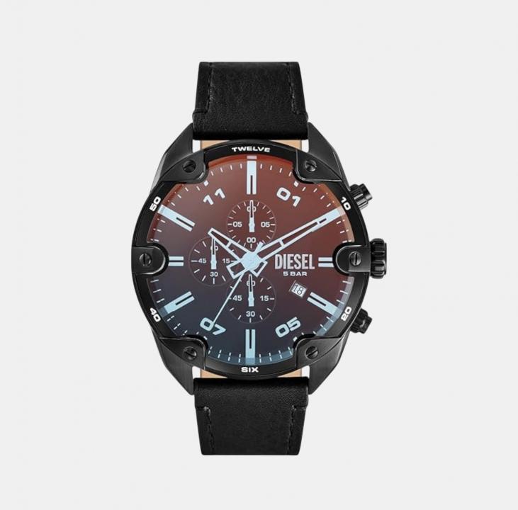 Diese_l Black Spiked Chronograph Black Leather Watch