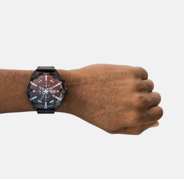 Diese_l Black Spiked Chronograph Black Leather Watch