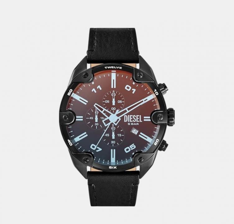 Diese_l Black Spiked Chronograph Black Leather Watch