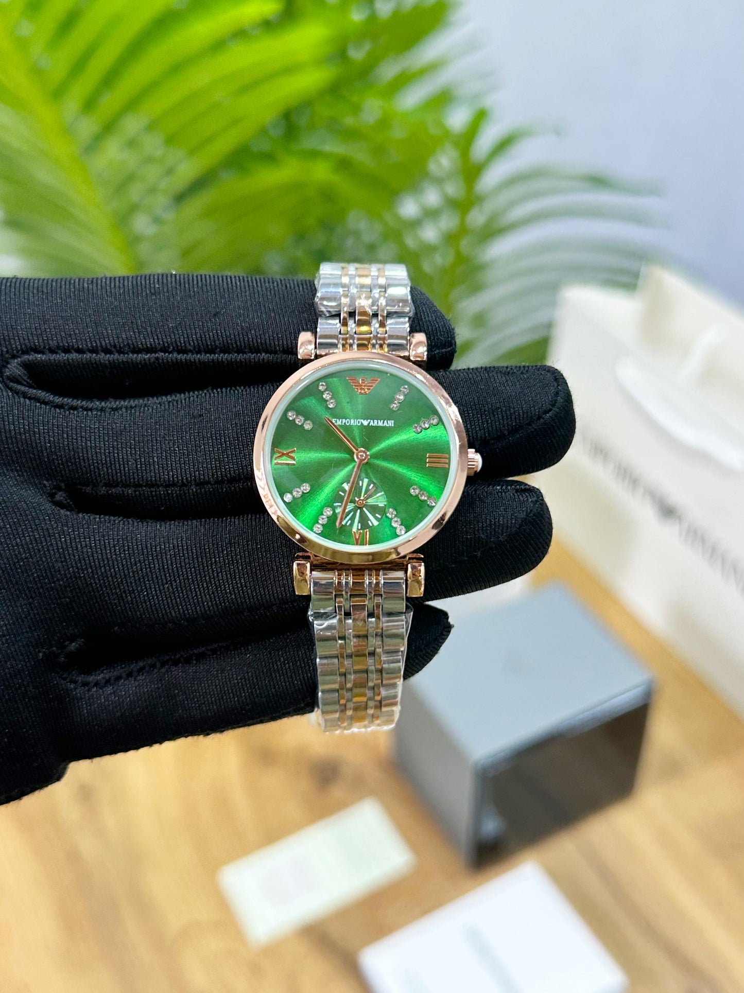 EM.PORIO ARMANI WOMEN'S TOWTONE WITH BEAUTIFUL GREEN DIAL