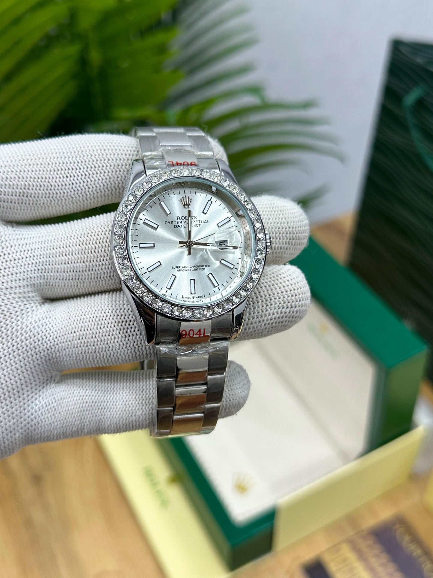 ROL.EX DATE JUST ALL SILVER INDEX DIAL WITH DIAMOND BEZEL