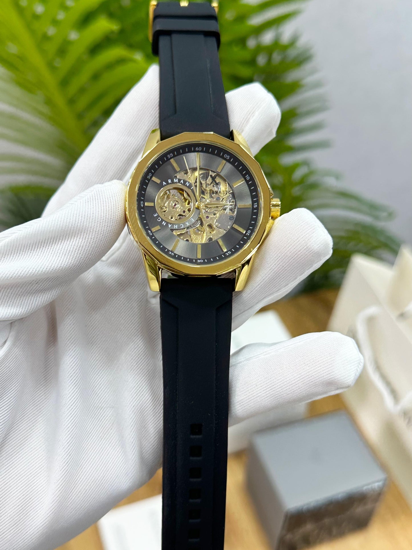 LATEST & DEMANDING ARMANI _EXCHANGE OPEN HEART AUTOMATIC GOLD BLACK