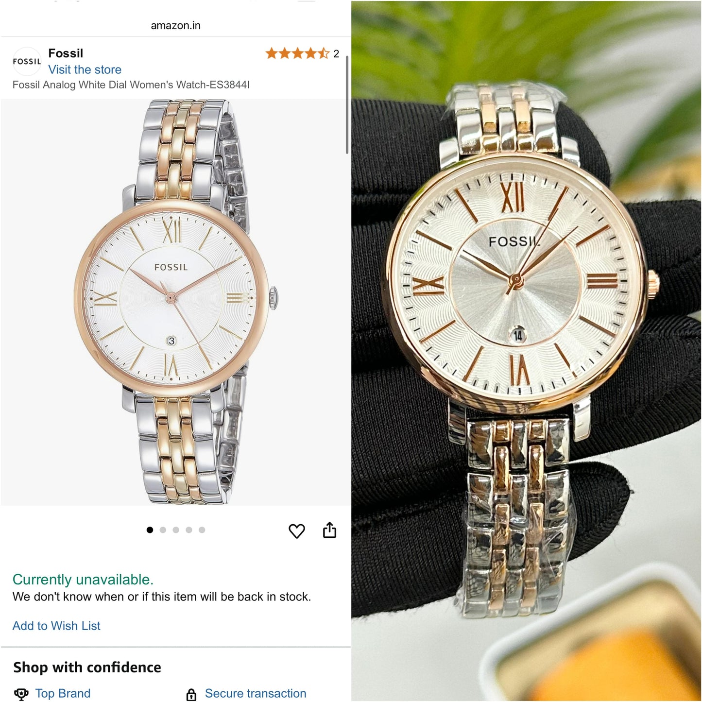 NEW! FOSSIL JACQUELINE WHITE DIAL, TOW TONE STEEL