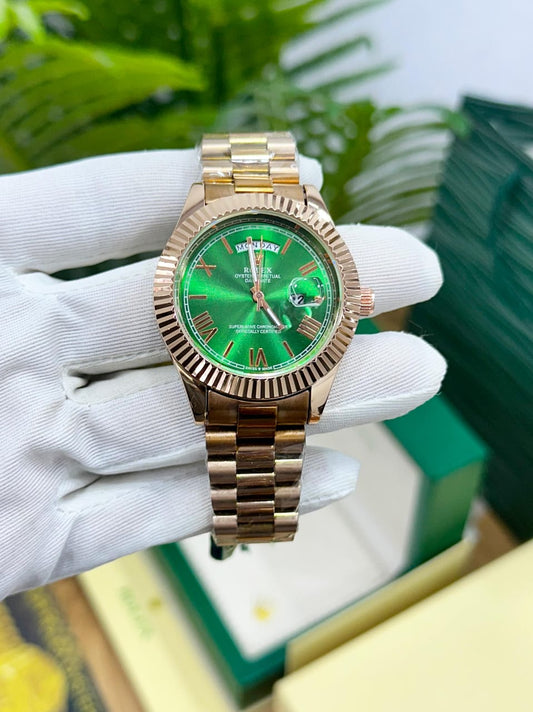 ROL.EX DAY-DATE QUARTZ’ ROSE GOLD, GREEN DIAL