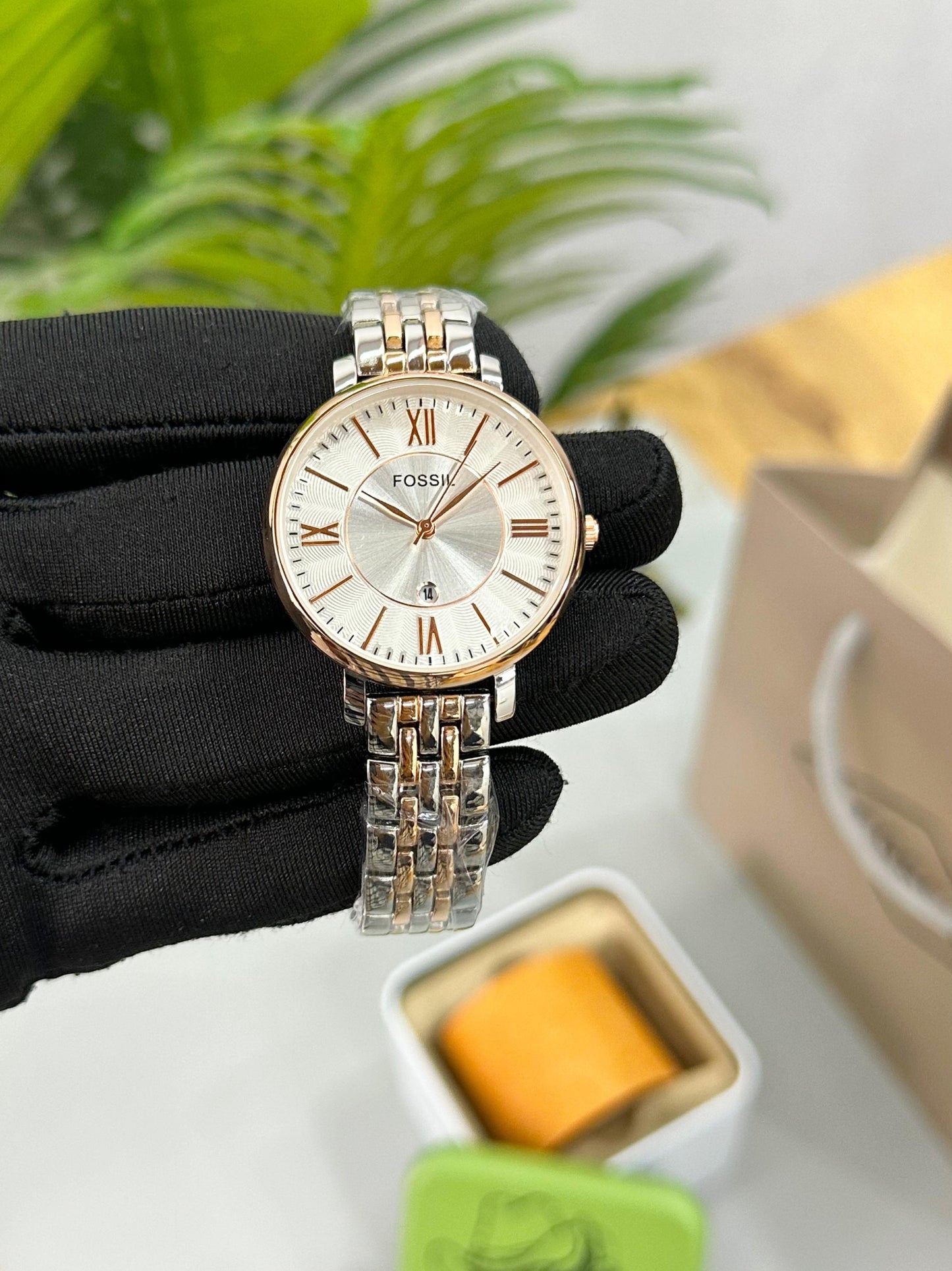 NEW! FOSSIL JACQUELINE WHITE DIAL, TOW TONE STEEL